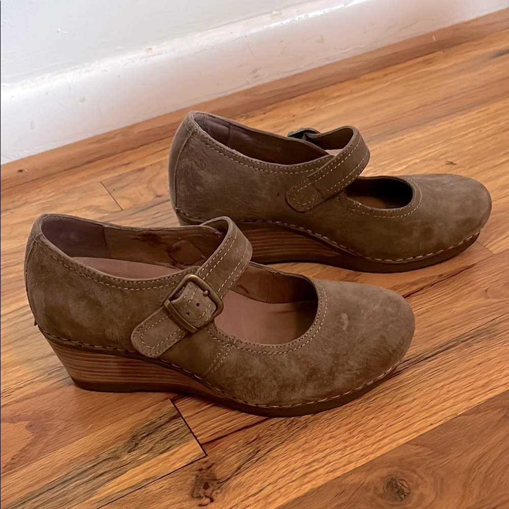 Dansko Taupe Suede Mary Jane Wedge Heels